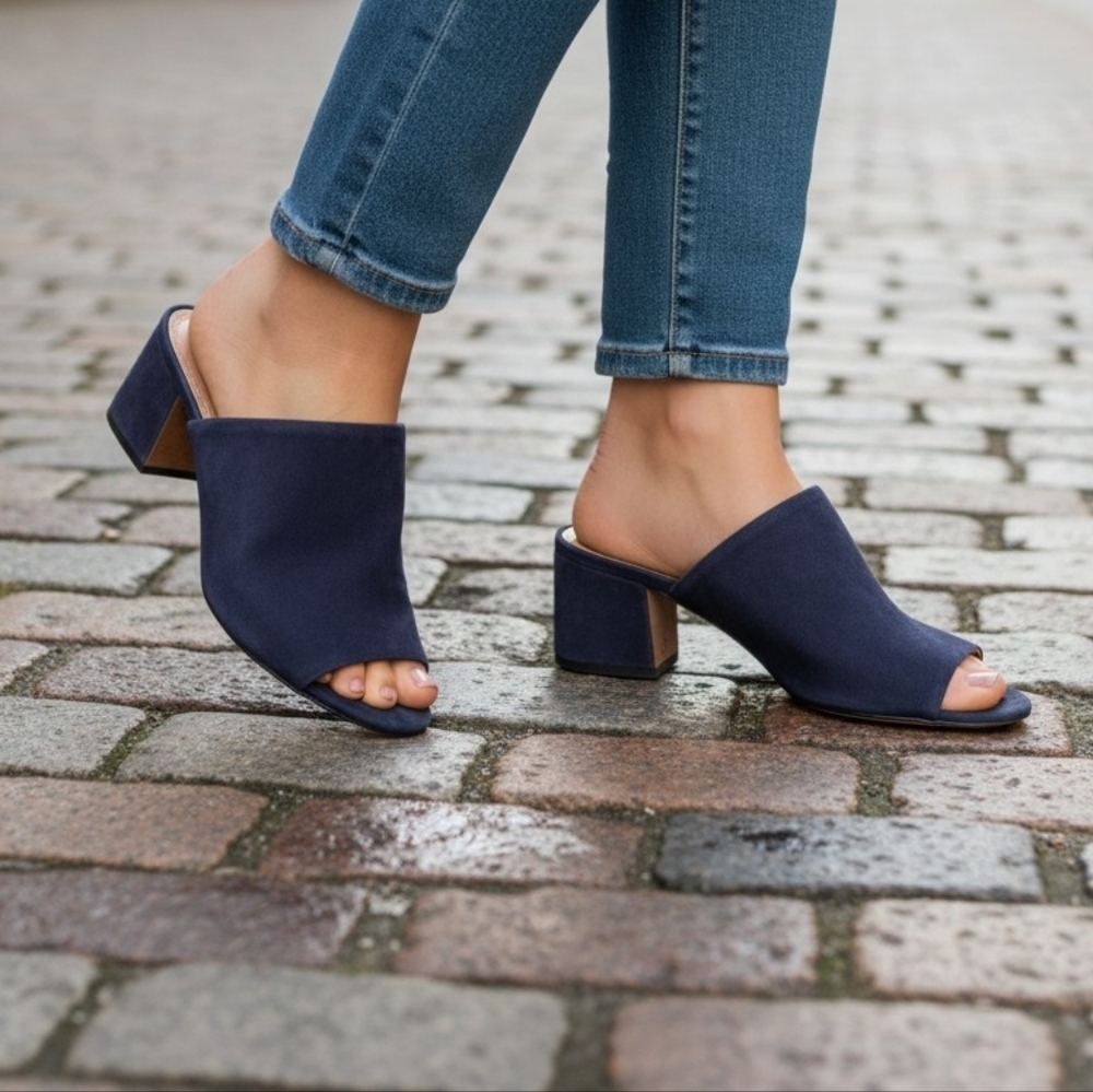 Tory Burch Navy Suede Peep Toe Mules
